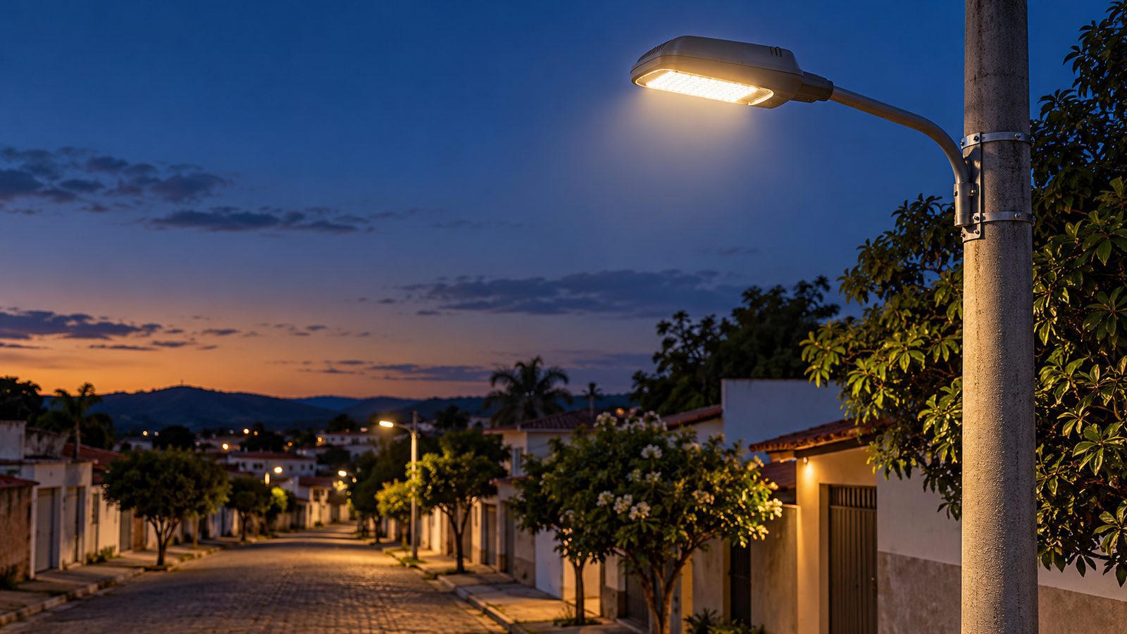 Imagem ilustrativa gerada por inteligência artificial de luminária LED em rua urbana brasileira ao anoitecer, sem representar instalação municipal específica.