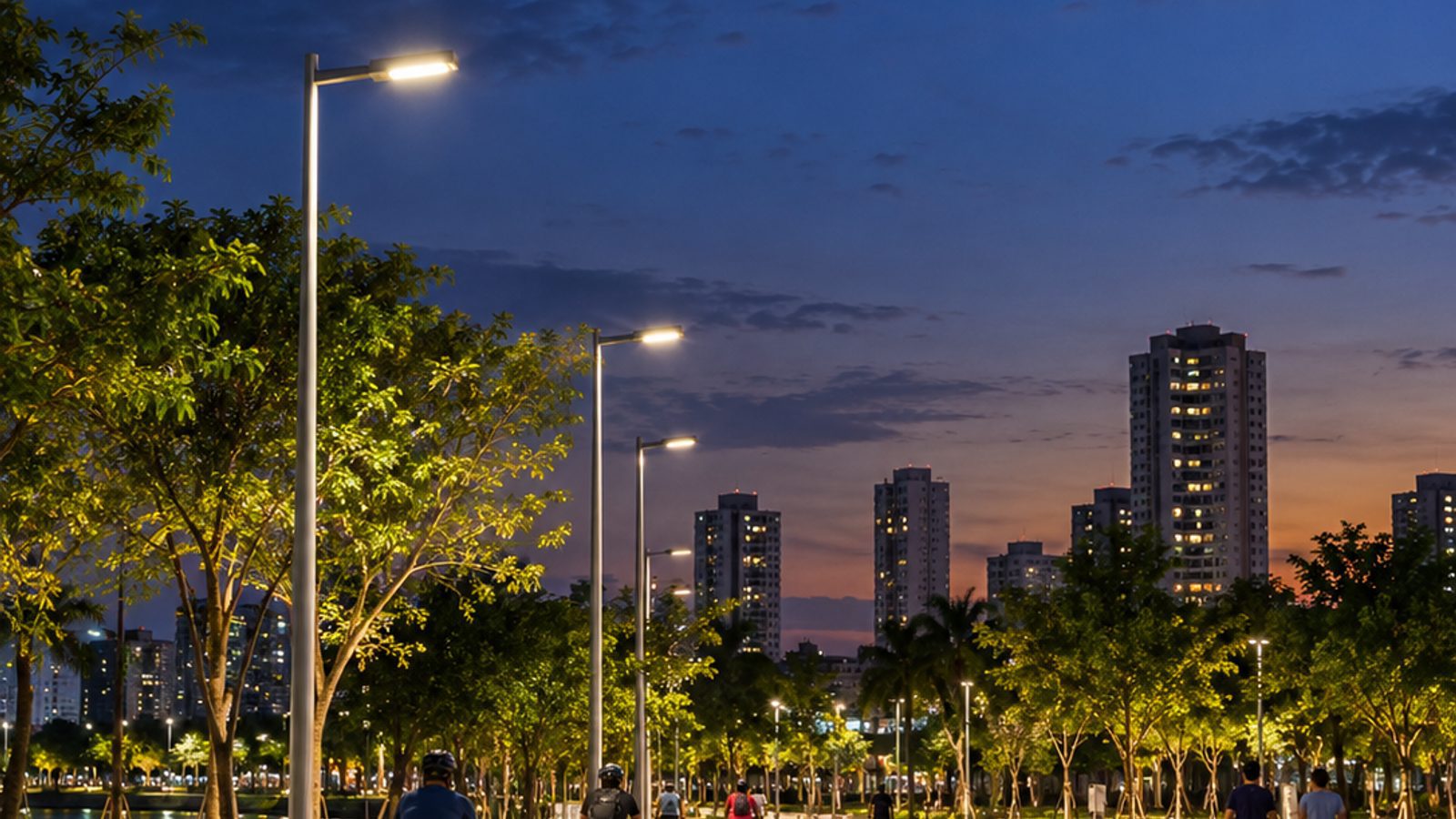 Imagem ilustrativa de ciclovia e praça urbana iluminadas por luminárias LED em São José dos Campos.