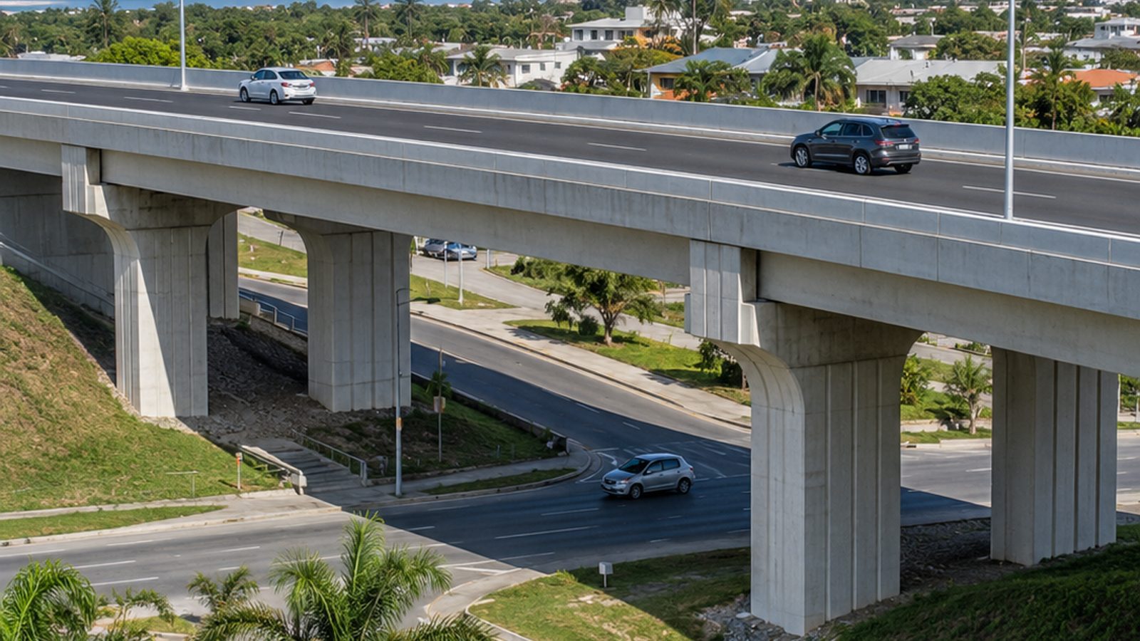 Imagem ilustrativa de viaduto rodoviário de concreto sobre via local em cenário urbano com vegetação subtropical.